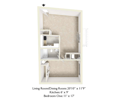 Floor plan for 1 bed, 1 bath, 648 sqft